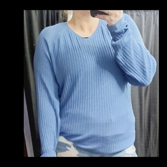 Vintage 80s Blue Slouchy Ribbed Pullover Boyfriend Oversized Sweater - Picture 1 of 15